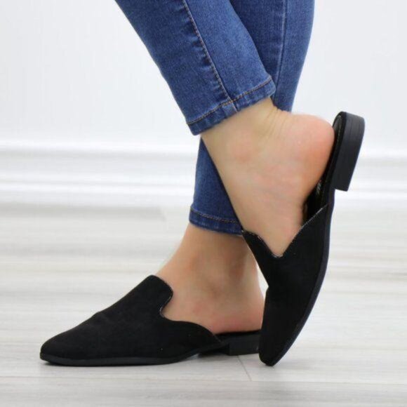 Suede Black Pointy Toe Slip On Mule Loafer - Picture 12 of 12